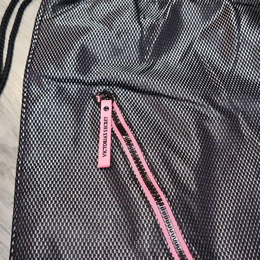Victoria Secret Black Netted w/Pink Details Soft Drawstring Backpack - Picture 3 of 5